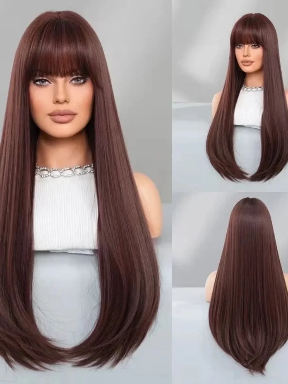 Women Wig Synthetic Fiber Mocha Dark Brown Long Straight Hair Wig W/ Bang 28 in